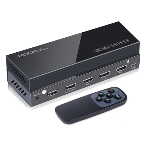 ROOFULL 4ポート HDMI 2.1スイッチャー 8K@60Hz IRリモコン付き HDCP 2.3対応