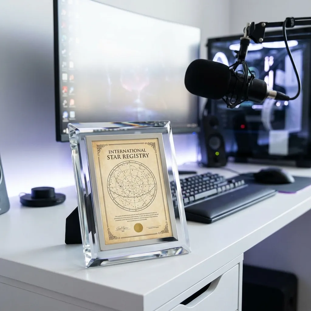 crystal frame with star certificate on gaming desk