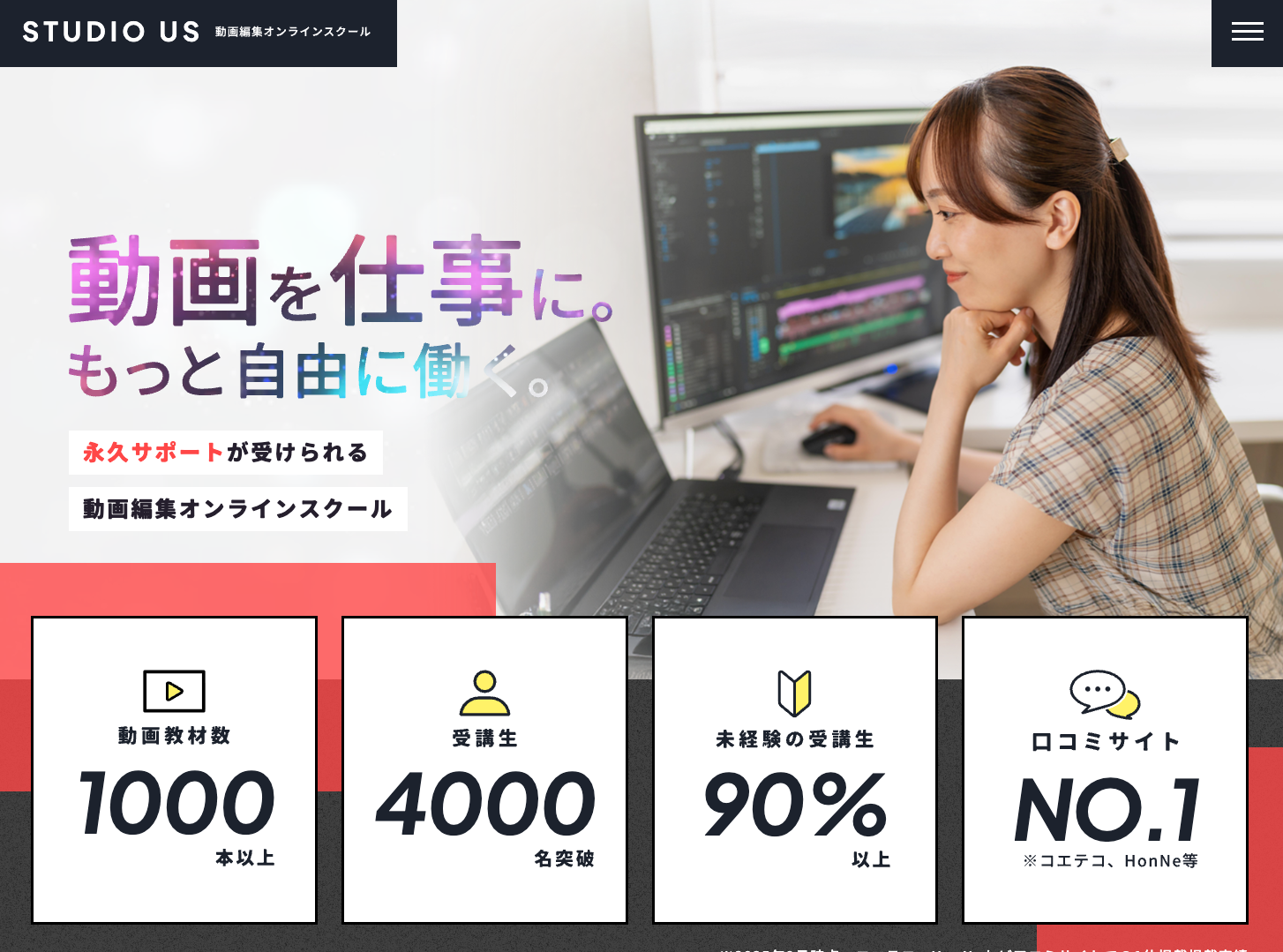 studio USの実績:動画教材1000本以上、受講生4000名突破、未経験90%以上、口コミサイトNo.1(2025年11月15日現在)